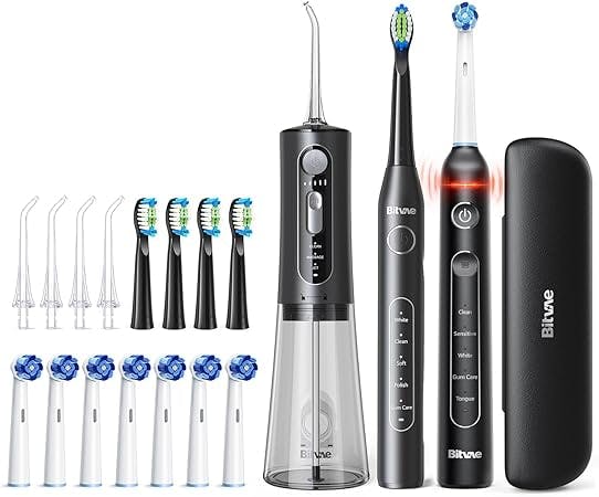 Bitvae R2 Rotating Electric Toothbrush for Adult, 5 Modes Rechargeable Power Toothbrush ＆ Water Flosser and Electric Toothbrush Combo Bundle, 3 Modes Rechargeable Water for Adult, Black