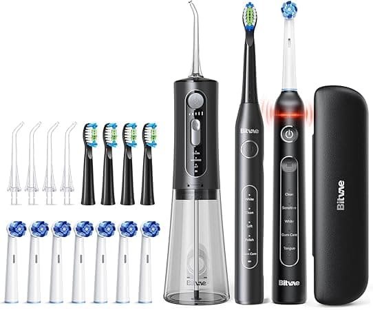 Bitvae R2 Rotating Electric Toothbrush for Adult, 5 Modes Rechargeable Power Toothbrush & Water Flosser and Electric Toothbrush Combo Bundle, 3 Modes Rechargeable Water for Adult, Black